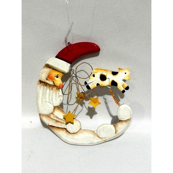 Unbranded Other - Vintage Santa Jumping Over the Moon Christmas Ornament Wood Country folk art